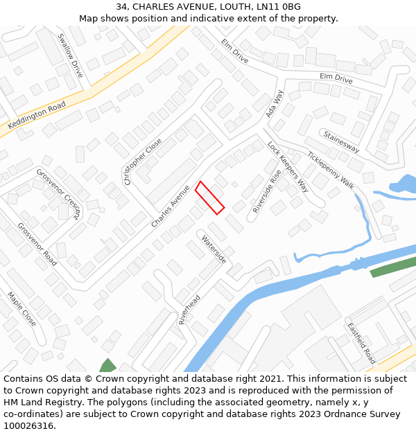 34, CHARLES AVENUE, LOUTH, LN11 0BG: Location map and indicative extent of plot