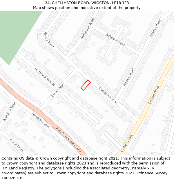 34, CHELLASTON ROAD, WIGSTON, LE18 1FR: Location map and indicative extent of plot