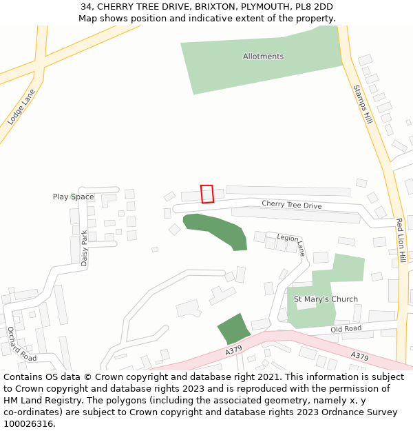 34, CHERRY TREE DRIVE, BRIXTON, PLYMOUTH, PL8 2DD: Location map and indicative extent of plot