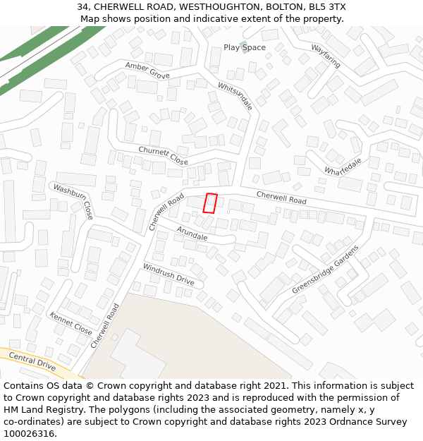 34, CHERWELL ROAD, WESTHOUGHTON, BOLTON, BL5 3TX: Location map and indicative extent of plot