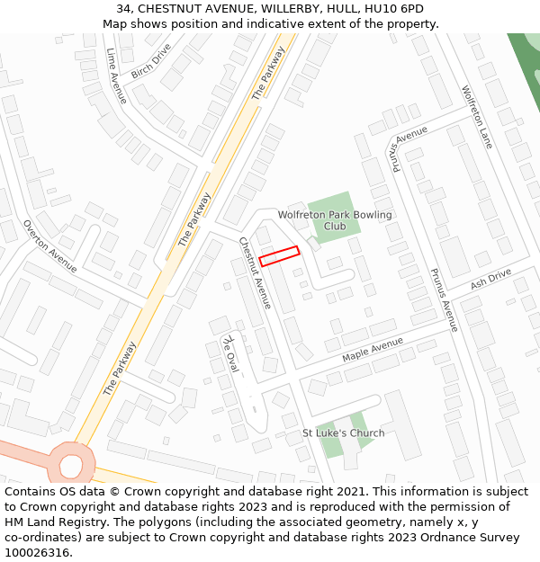 34, CHESTNUT AVENUE, WILLERBY, HULL, HU10 6PD: Location map and indicative extent of plot
