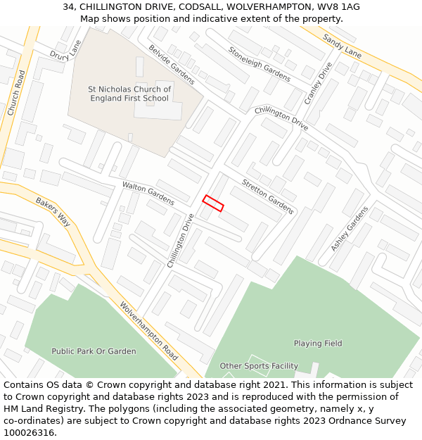 34, CHILLINGTON DRIVE, CODSALL, WOLVERHAMPTON, WV8 1AG: Location map and indicative extent of plot