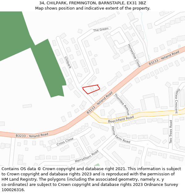 34, CHILPARK, FREMINGTON, BARNSTAPLE, EX31 3BZ: Location map and indicative extent of plot