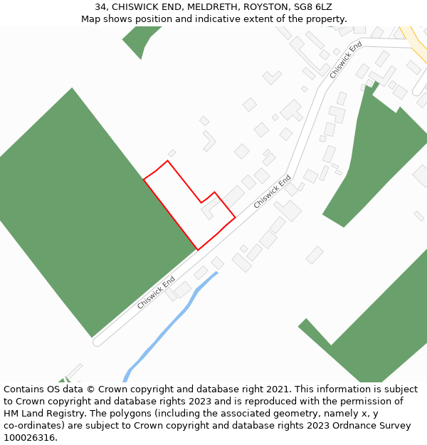34, CHISWICK END, MELDRETH, ROYSTON, SG8 6LZ: Location map and indicative extent of plot