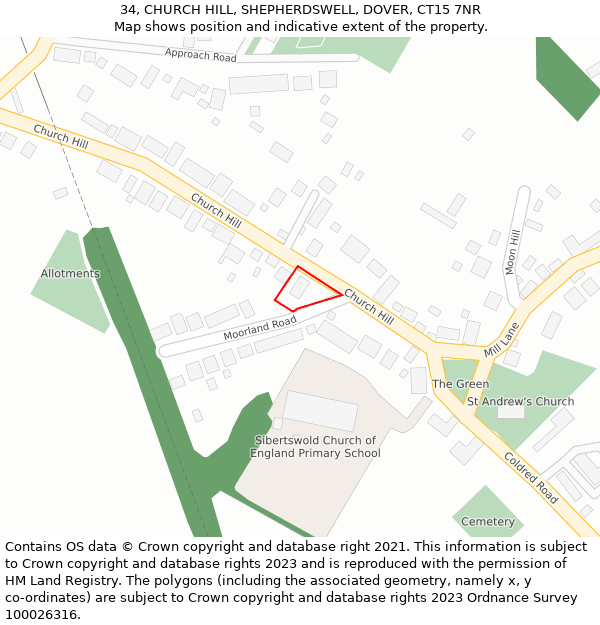 34, CHURCH HILL, SHEPHERDSWELL, DOVER, CT15 7NR: Location map and indicative extent of plot