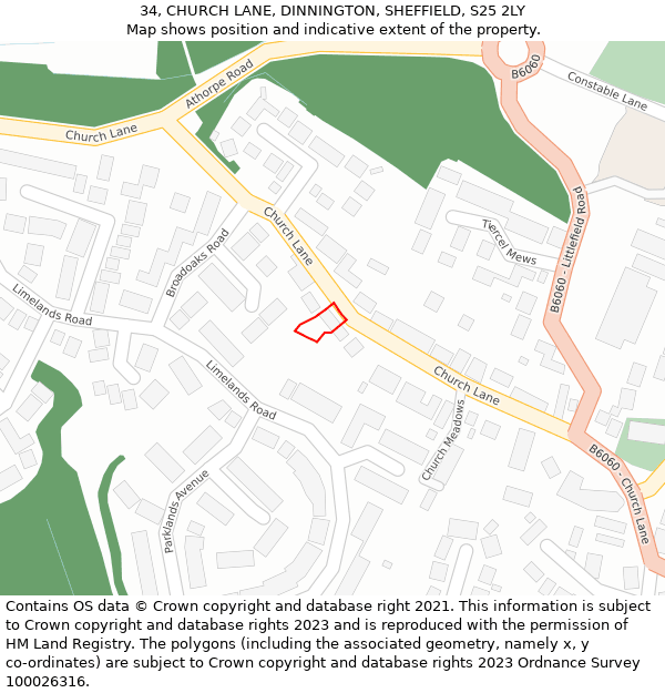 34, CHURCH LANE, DINNINGTON, SHEFFIELD, S25 2LY: Location map and indicative extent of plot
