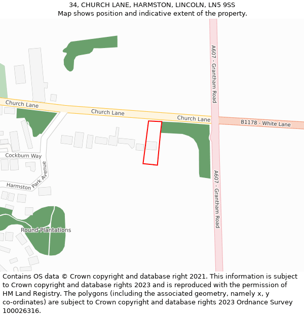 34, CHURCH LANE, HARMSTON, LINCOLN, LN5 9SS: Location map and indicative extent of plot