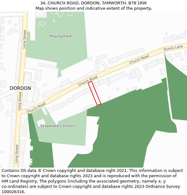 34, CHURCH ROAD, DORDON, TAMWORTH, B78 1RW: Location map and indicative extent of plot