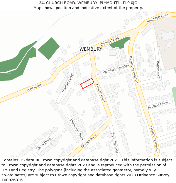 34, CHURCH ROAD, WEMBURY, PLYMOUTH, PL9 0JG: Location map and indicative extent of plot