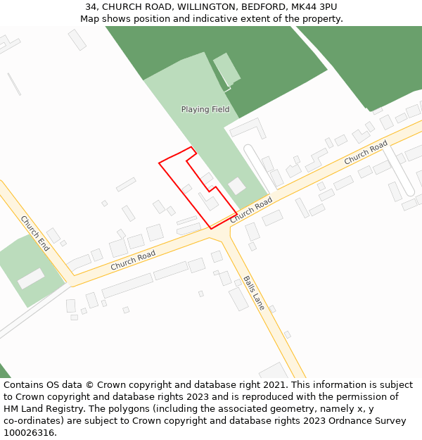 34, CHURCH ROAD, WILLINGTON, BEDFORD, MK44 3PU: Location map and indicative extent of plot