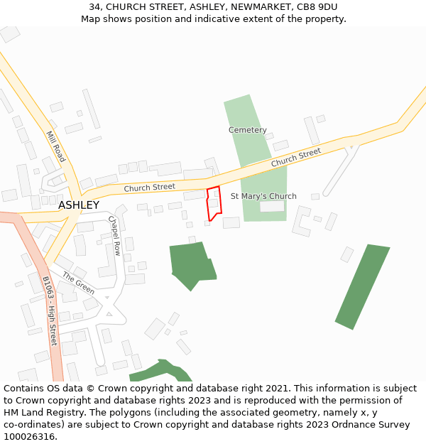 34, CHURCH STREET, ASHLEY, NEWMARKET, CB8 9DU: Location map and indicative extent of plot