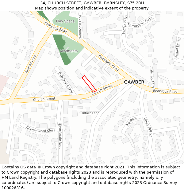 34, CHURCH STREET, GAWBER, BARNSLEY, S75 2RH: Location map and indicative extent of plot