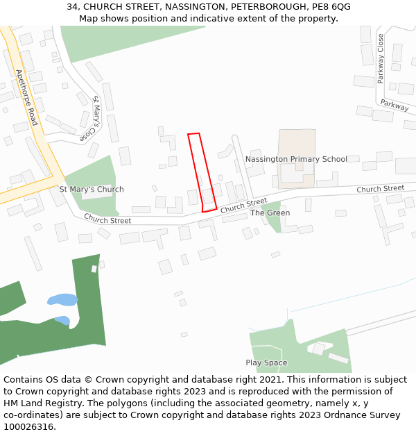 34, CHURCH STREET, NASSINGTON, PETERBOROUGH, PE8 6QG: Location map and indicative extent of plot