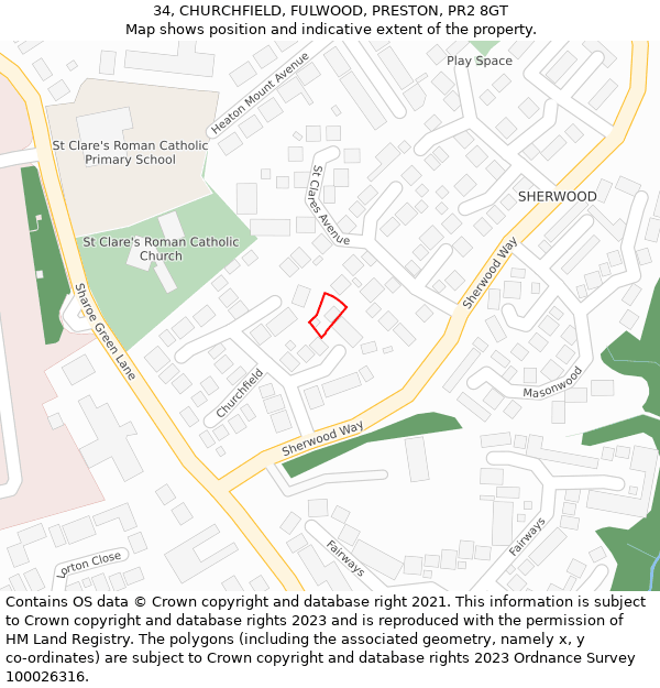 34, CHURCHFIELD, FULWOOD, PRESTON, PR2 8GT: Location map and indicative extent of plot