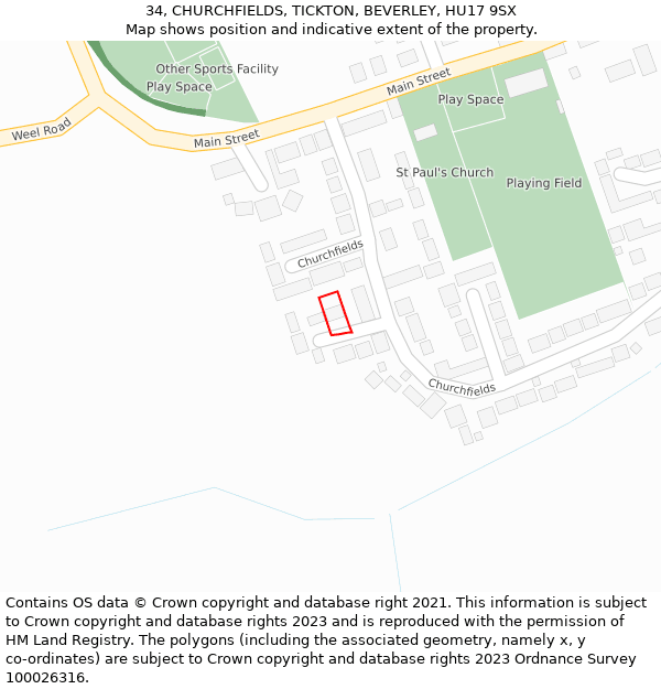 34, CHURCHFIELDS, TICKTON, BEVERLEY, HU17 9SX: Location map and indicative extent of plot