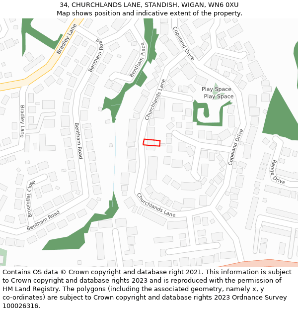 34, CHURCHLANDS LANE, STANDISH, WIGAN, WN6 0XU: Location map and indicative extent of plot