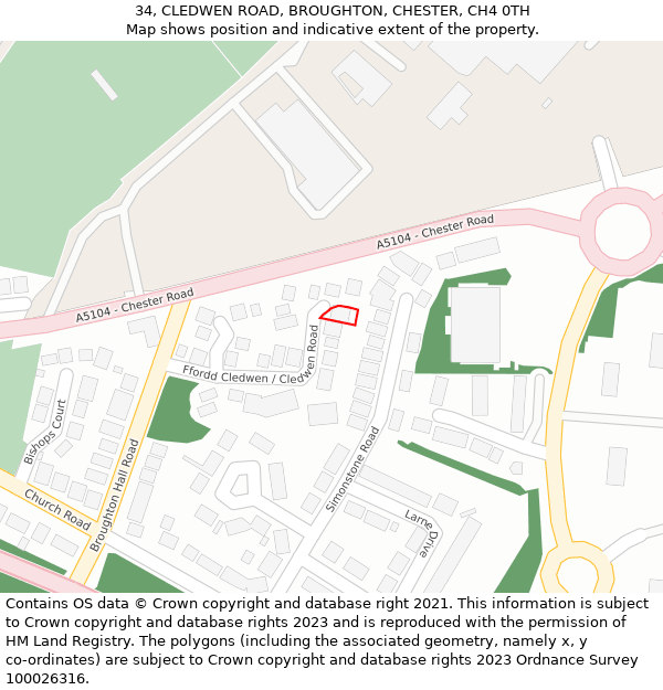 34, CLEDWEN ROAD, BROUGHTON, CHESTER, CH4 0TH: Location map and indicative extent of plot
