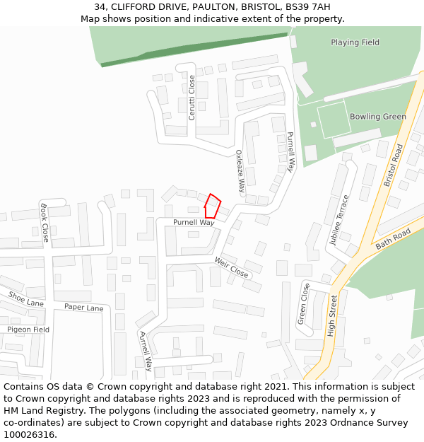 34, CLIFFORD DRIVE, PAULTON, BRISTOL, BS39 7AH: Location map and indicative extent of plot