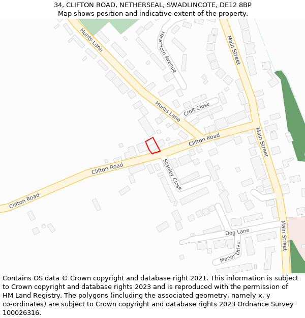 34, CLIFTON ROAD, NETHERSEAL, SWADLINCOTE, DE12 8BP: Location map and indicative extent of plot