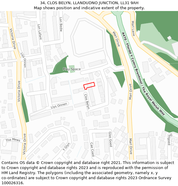 34, CLOS BELYN, LLANDUDNO JUNCTION, LL31 9AH: Location map and indicative extent of plot