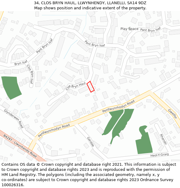 34, CLOS BRYN HAUL, LLWYNHENDY, LLANELLI, SA14 9DZ: Location map and indicative extent of plot