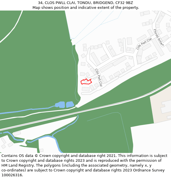 34, CLOS PWLL CLAI, TONDU, BRIDGEND, CF32 9BZ: Location map and indicative extent of plot