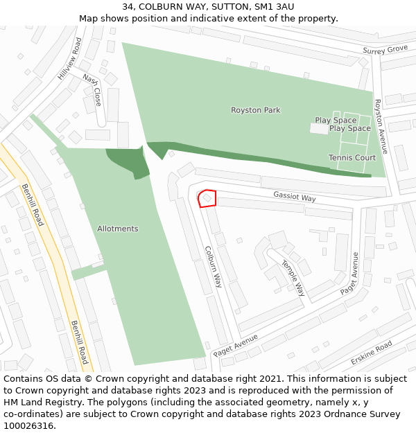 34, COLBURN WAY, SUTTON, SM1 3AU: Location map and indicative extent of plot