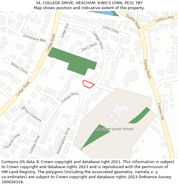 34, COLLEGE DRIVE, HEACHAM, KING'S LYNN, PE31 7BY: Location map and indicative extent of plot