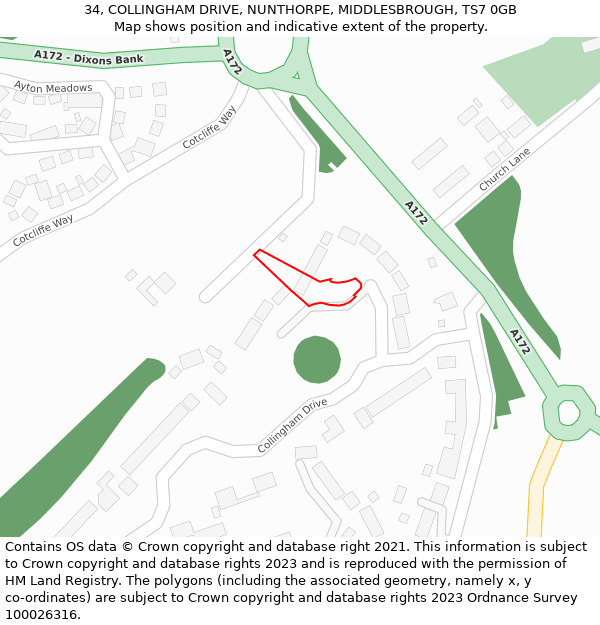 34, COLLINGHAM DRIVE, NUNTHORPE, MIDDLESBROUGH, TS7 0GB: Location map and indicative extent of plot