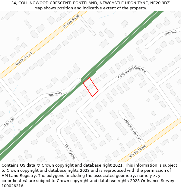 34, COLLINGWOOD CRESCENT, PONTELAND, NEWCASTLE UPON TYNE, NE20 9DZ: Location map and indicative extent of plot