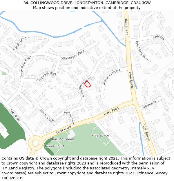 34, COLLINGWOOD DRIVE, LONGSTANTON, CAMBRIDGE, CB24 3GW: Location map and indicative extent of plot