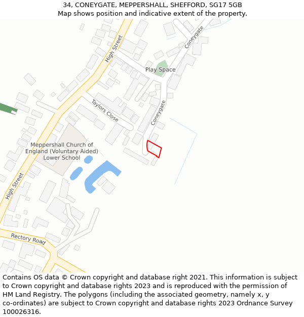 34, CONEYGATE, MEPPERSHALL, SHEFFORD, SG17 5GB: Location map and indicative extent of plot