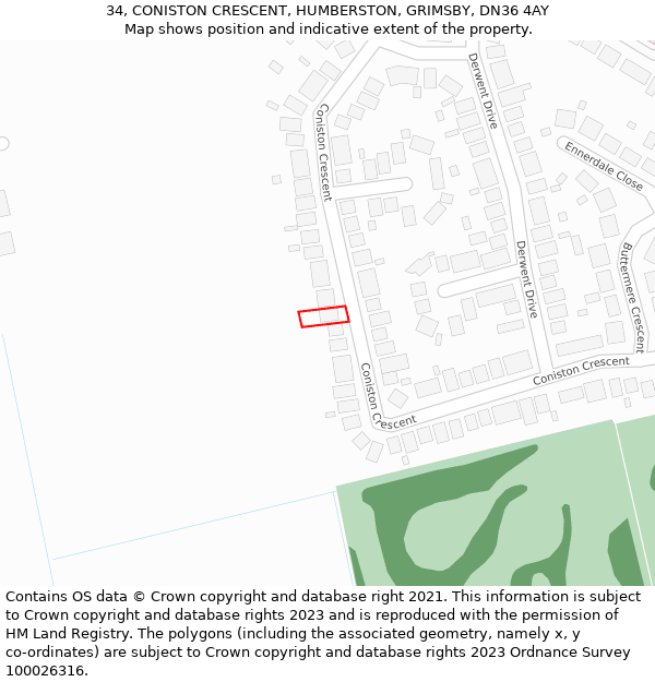 34, CONISTON CRESCENT, HUMBERSTON, GRIMSBY, DN36 4AY: Location map and indicative extent of plot