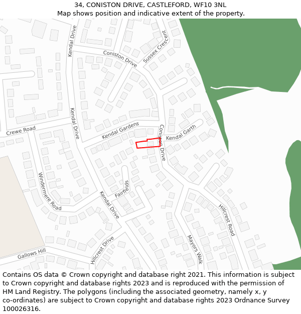 34, CONISTON DRIVE, CASTLEFORD, WF10 3NL: Location map and indicative extent of plot