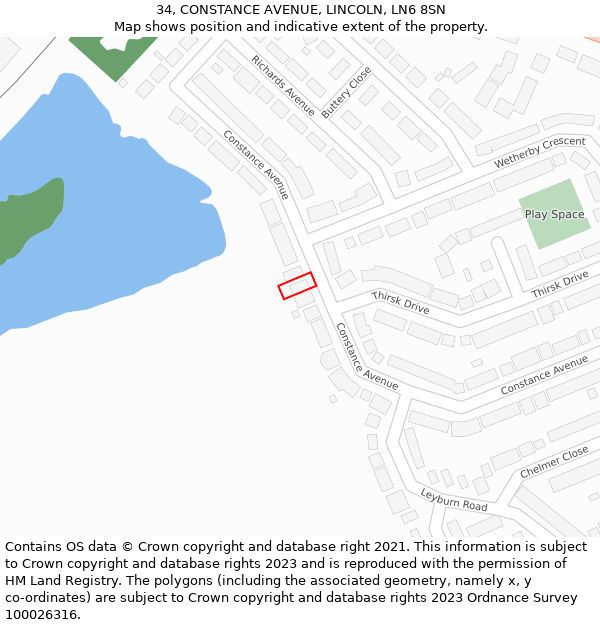 34, CONSTANCE AVENUE, LINCOLN, LN6 8SN: Location map and indicative extent of plot