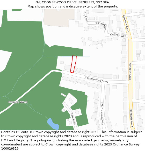 34, COOMBEWOOD DRIVE, BENFLEET, SS7 3EA: Location map and indicative extent of plot