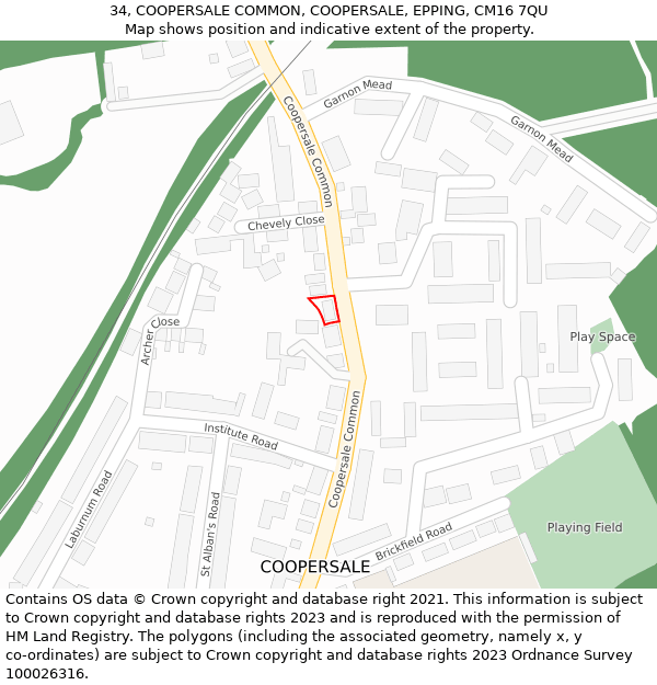 34, COOPERSALE COMMON, COOPERSALE, EPPING, CM16 7QU: Location map and indicative extent of plot