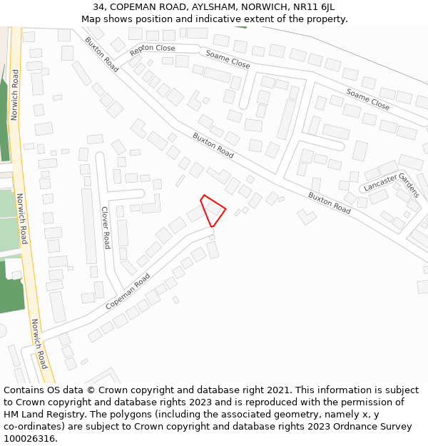 34, COPEMAN ROAD, AYLSHAM, NORWICH, NR11 6JL: Location map and indicative extent of plot