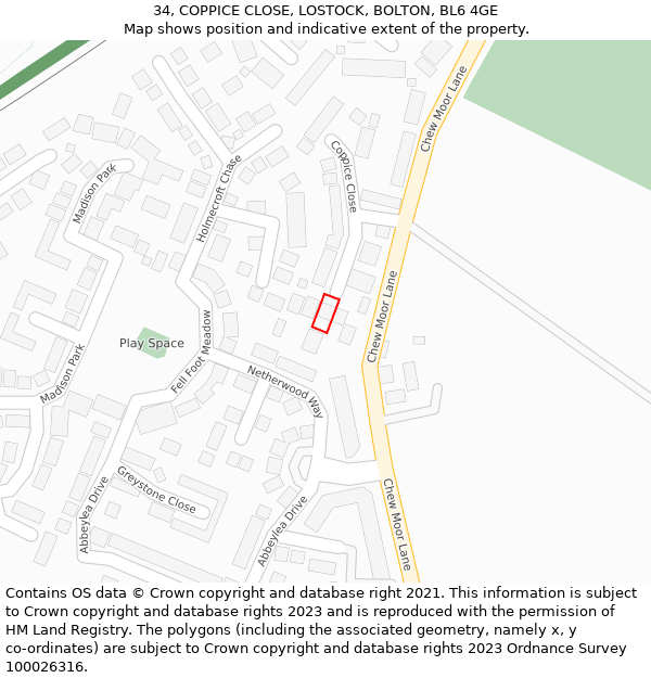34, COPPICE CLOSE, LOSTOCK, BOLTON, BL6 4GE: Location map and indicative extent of plot