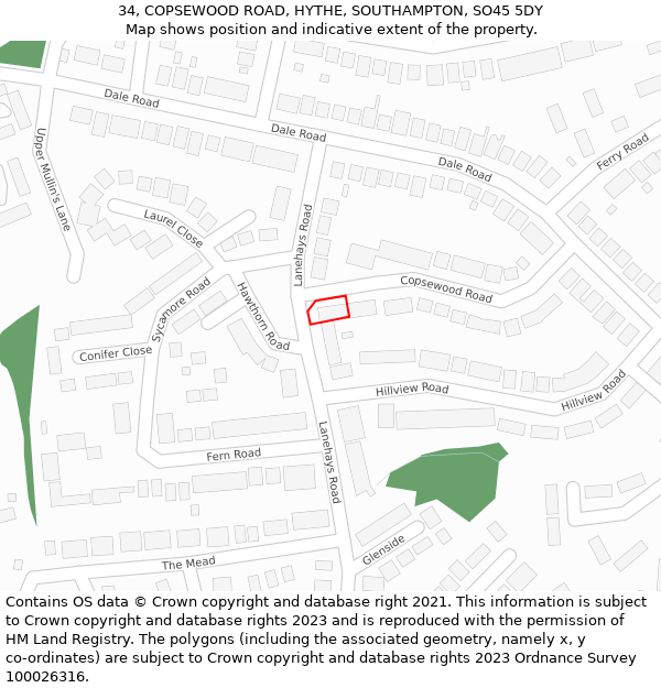 34, COPSEWOOD ROAD, HYTHE, SOUTHAMPTON, SO45 5DY: Location map and indicative extent of plot