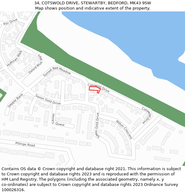 34, COTSWOLD DRIVE, STEWARTBY, BEDFORD, MK43 9SW: Location map and indicative extent of plot