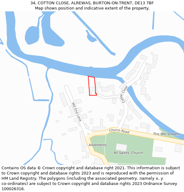 34, COTTON CLOSE, ALREWAS, BURTON-ON-TRENT, DE13 7BF: Location map and indicative extent of plot