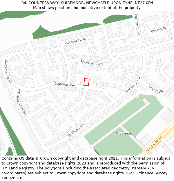 34, COUNTESS WAY, SHIREMOOR, NEWCASTLE UPON TYNE, NE27 0FN: Location map and indicative extent of plot