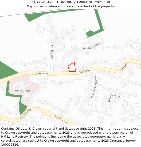 34, COW LANE, FULBOURN, CAMBRIDGE, CB21 5HB: Location map and indicative extent of plot