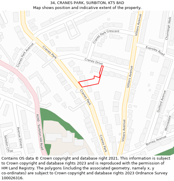 34, CRANES PARK, SURBITON, KT5 8AD: Location map and indicative extent of plot