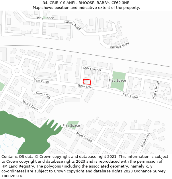 34, CRIB Y SIANEL, RHOOSE, BARRY, CF62 3NB: Location map and indicative extent of plot