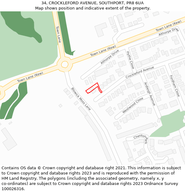 34, CROCKLEFORD AVENUE, SOUTHPORT, PR8 6UA: Location map and indicative extent of plot