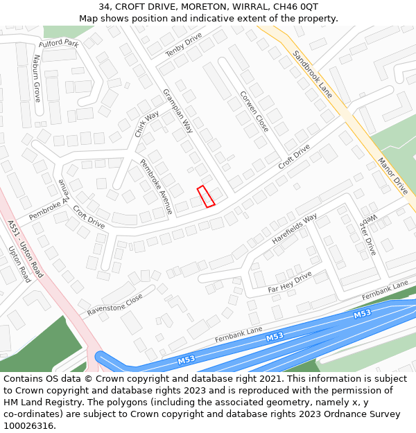 34, CROFT DRIVE, MORETON, WIRRAL, CH46 0QT: Location map and indicative extent of plot