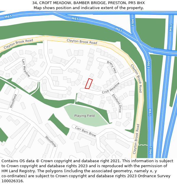 34, CROFT MEADOW, BAMBER BRIDGE, PRESTON, PR5 8HX: Location map and indicative extent of plot