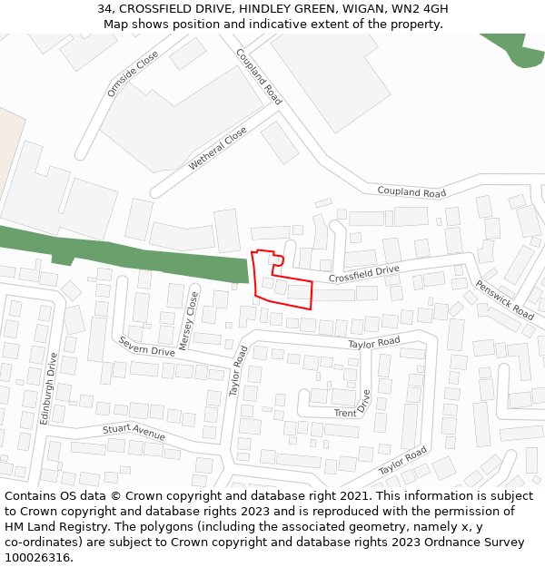 34, CROSSFIELD DRIVE, HINDLEY GREEN, WIGAN, WN2 4GH: Location map and indicative extent of plot